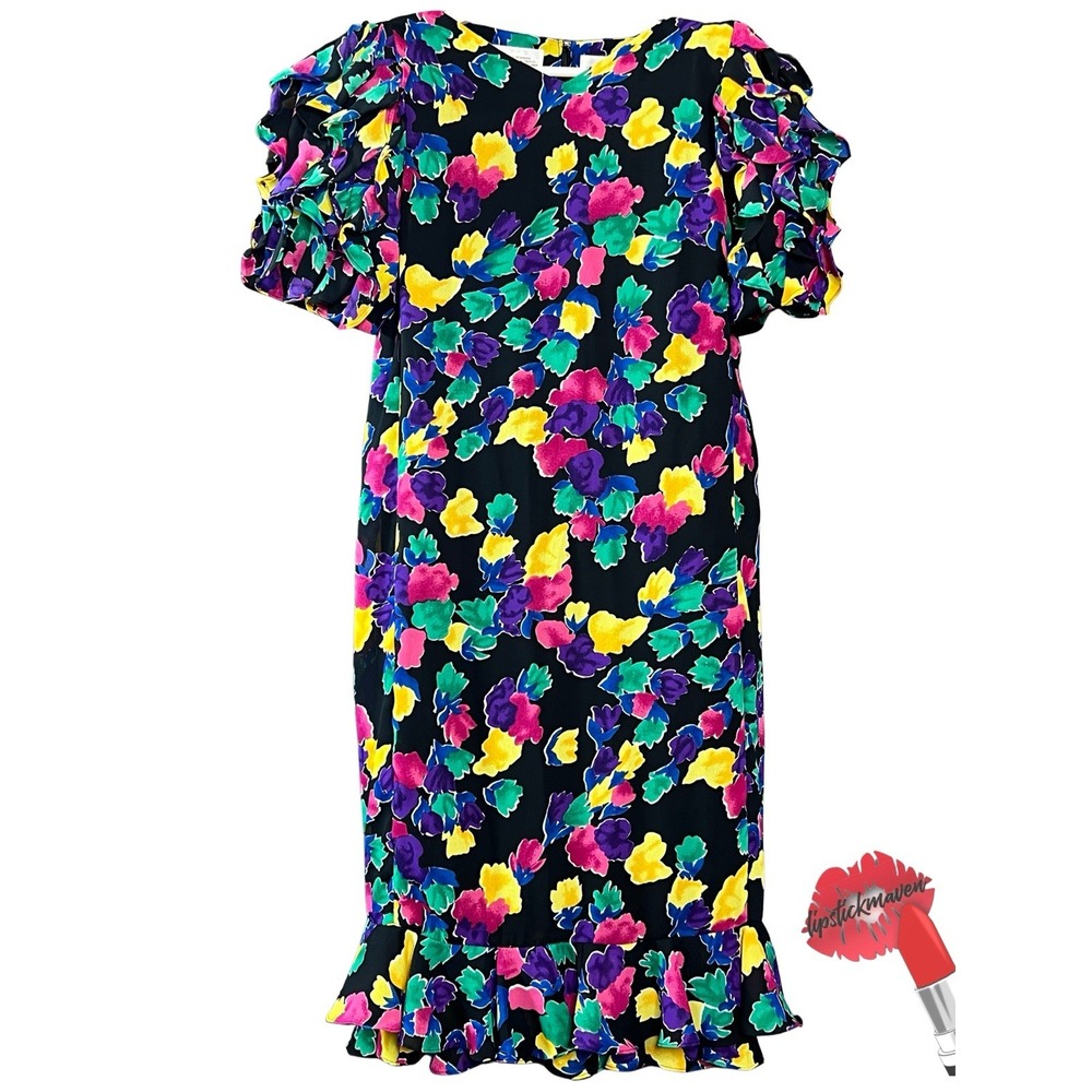Vintage Liz Roberts Dress Size 10 Black Floral Ruffle Hem Cocktail Party 80s 90s